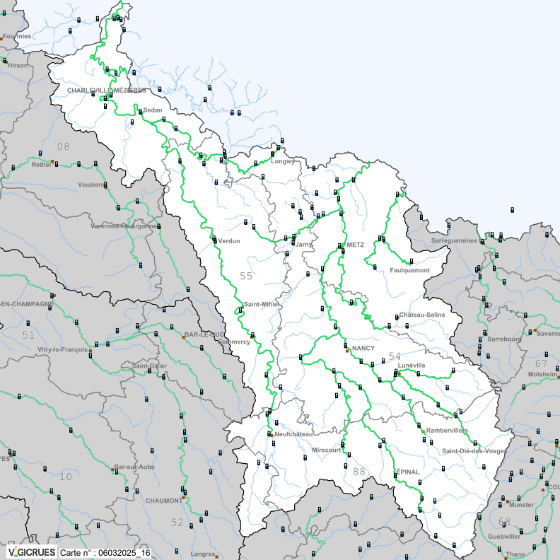 Carte de vigilance des cours d'eau en crue en Meuse-Moselle et aux alentours